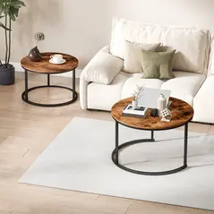 HOMCOM Coffee Table Set of 2, Round Nest of Tables with Metal Frame, Modern Side Tables for Living Room, Rustic Brown - 8