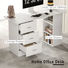 HOMCOM Computer Desk, Home Office Desk, Writing Table, PC Workstation with 3 Storage Shelves and 3 Drawers for Working, Study, 120 x 49 x 72 cm, White - 4