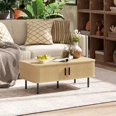 HOMCOM Coffee Table with Storage, Living Room Table with Slatted Tambour Sliding Doors and Foot Pads, Rectangular Coffee Table with Elevated Base for Living Room, Oak - 2