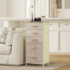 HOMCOM Chest of Five Fabric Drawers - Natural Wood Finish - 9