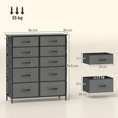 HOMCOM Chest of Ten Fabric Drawers - Charcoal Grey - 3