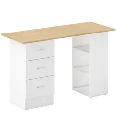 HOMCOM Computer Desk, Home Office Desk, Writing Table, PC Workstation with 3 Storage Shelves and 3 Drawers for Working, Study, 120 x 49 x 72 cm, Natural Wood Finish and White - 1