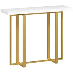 HOMCOM Console Table with Faux Marble Top, 100 cm Narrow Entryway Table with Anti-tipping Device, Steel Frame, White - 1