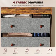 HOMCOM Chest of Drawers, Dresser with 4 Fabric Drawers - Grey and Rustic Brown - 4