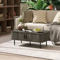 HOMCOM Coffee Table with Storage, Living Room Table with Slatted Tambour Sliding Doors and Foot Pads, Rectangular Coffee Table with Elevated Base for Living Room, Grey Wood-Effect - 2