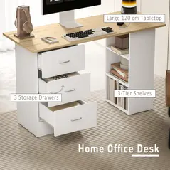 HOMCOM Computer Desk, Home Office Desk, Writing Table, PC Workstation with 3 Storage Shelves and 3 Drawers for Working, Study, 120 x 49 x 72 cm, Natural Wood Finish and White - 4