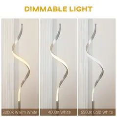 HOMCOM Dimmable Floor Lamp for Living Room, Modern Spiral Standing Lamp with 3 Adjustable Brightness and Square Base, Silver - 5