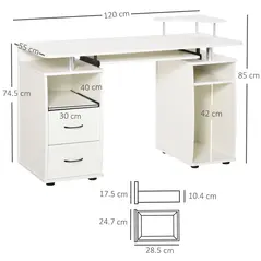 HOMCOM Computer Desk Office PC Table Workstation with Keyboard Tray, CPU Shelf, Drawers, Sliding Scanner Shelf, White - 3
