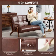 HOMCOM Compact 2 Seater Sofa, Vintage Tufted Loveseat Sofa with Solid Wood Legs, PU Leather Small Couch Settee for Living Room, Bedroom, Home Office, 133 x 81 x 78.5 cm, Brown - 4