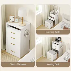 HOMCOM Compact Dressing Table and Stool Set, with Storage - White - 4