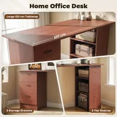HOMCOM Computer Desk, Writing Table, PC Workstation with 3 Storage Shelves and Drawers, Handle, for Home Office, Walnut Brown - 4
