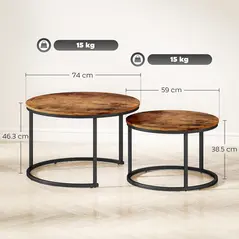 HOMCOM Coffee Table Set of 2, Round Nest of Tables with Metal Frame, Modern Side Tables for Living Room, Rustic Brown - 3
