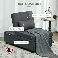 HOMCOM Convertible Chair Bed with Padding Seat, 4-in-1 Multi-Functional Sleeper Sofa Bed, Recliner with Adjustable Backrest, Side Pocket, Wheels and Pillow, for Living Room, Grey - 4