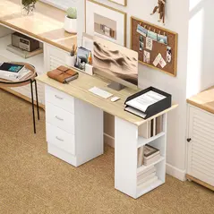 HOMCOM Computer Desk, Home Office Desk, Writing Table, PC Workstation with 3 Storage Shelves and 3 Drawers for Working, Study, 120 x 49 x 72 cm, Natural Wood Finish and White - 7