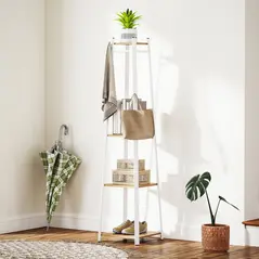 HOMCOM Compact Freestanding Coat Rack -  White/Oak - 2