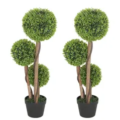 HOMCOM Decorative Artificial Trees Boxwood Ball Topiary Trees Set of 2 in Pot, Fake Plants for Home Indoor Outdoor Decor - 1