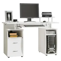 HOMCOM Computer Desk Office PC Table Workstation with Keyboard Tray, CPU Shelf, Drawers, Sliding Scanner Shelf, White - 1