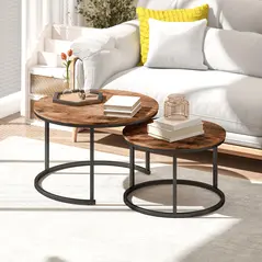 HOMCOM Coffee Table Set of 2, Round Nest of Tables with Metal Frame, Modern Side Tables for Living Room, Rustic Brown - 7
