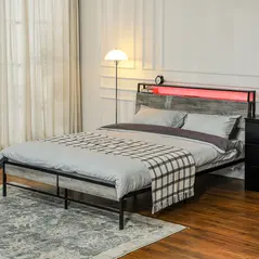 HOMCOM Double Steel Bed Frame, with LED Lights and Shelf - Grey - 9