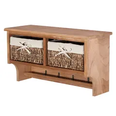 HOMCOM Entryway Coat Rack Wall Mounted Shelf w/ 2 Corn Husk Baskets and Hooks, Brown - 8