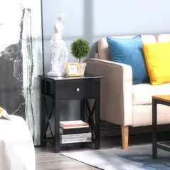 HOMCOM End Table, Sofa Side Table with Drawer X Bar Bottom Storage Shelf, Nightstand Bedside Table for Bedroom or Living Room Black - 2