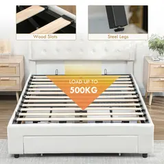 HOMCOM Double Ottoman Bed Frame, with Front Drawer - Cream - 6
