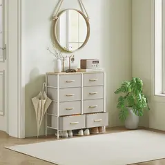 HOMCOM Fabric Chest of Drawers, Industrial Bedroom Dresser with 8 Fabric Drawers, Steel Frame and Wooden Top for Nursery, Living Room, Hallway, Maple Wood-effect - 8