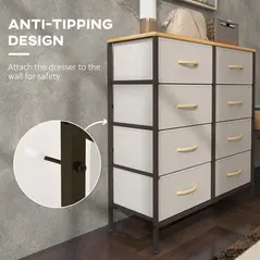 HOMCOM Fabric Chest of Drawers, Industrial Bedroom Dresser with 8 Fabric Drawers, Steel Frame and Wooden Top for Nursery, Living Room, Hallway, Cream White - 5