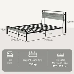 HOMCOM Double Steel Bed Frame, with LED Lights and Shelf - Grey - 3