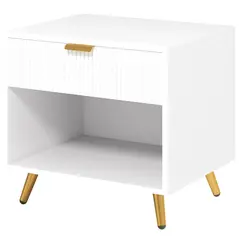 HOMCOM Elegant Bedside Table, with Drawer and Shelf - White/Gold Tone - 1