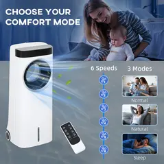 HOMCOM Evaporative Air Cooler, 6.5L 4-in-1 Bladeless Portable Cooler, Fan, Humidifier, Air Clean Anion with Oscillation, 6 Speeds, 24H Timer, Sleep Mode, 2 Ice Packs, Wheels, Remote, for Home Office - 5