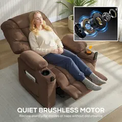 HOMCOM Electric Massage Recliner Armchair with Vibration, Heat, Whisper-Quiet Motor, Memory Function, Fleece Power Reclining Chair with Spring Pack, USB Port, Footrest, Side Pocket, Cup Holders, Brown - 6