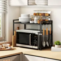 HOMCOM Expandable Microwave Oven Rack with 3 Hooks - Black - 4