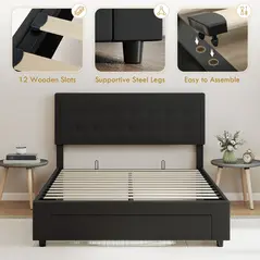 HOMCOM Double Ottoman Bed Frame, with Front Drawer - Black - 8
