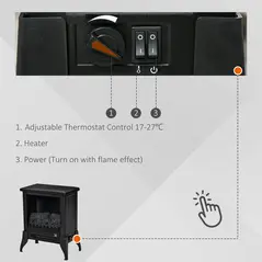 HOMCOM Electric Fireplace Stove, Free Standing Fireplace Heater with Realistic Flame Effect, Dual Power Settings (1800-2000W), Adjustable Temperature and Overheat Protection, Black - 5
