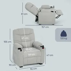 HOMCOM Electric Massage Recliner Armchair with Vibration, Heat, Whisper-Quiet Motor, Memory Function, Fleece Power Reclining Chair with Spring Pack, USB Port, Footrest, Side Pocket, Cup Holders, Grey - 3