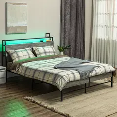 HOMCOM Double Steel Bed Frame, with LED Lights and Shelf - Grey - 2