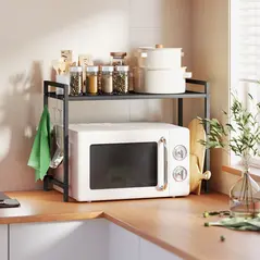 HOMCOM Expandable Microwave Oven Rack with 3 Hooks - Black - 2