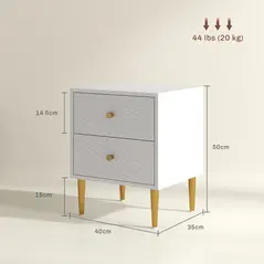 HOMCOM Elegant Two-Drawer Bedside Table - White/Gold-Tone - 3