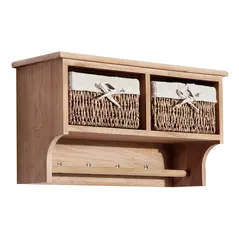 HOMCOM Entryway Coat Rack Wall Mounted Shelf w/ 2 Corn Husk Baskets and Hooks, Brown - 4