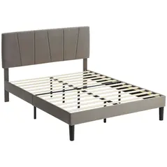 HOMCOM Double Bed Frame, with Velvet-Feel Headboard - Grey - 1