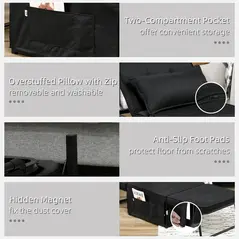 HOMCOM Fabric Sleeper Chair, Folding Chair Bed with Adjustable Backrest, Pillow, Side Pockets for Living Room, Black - 7