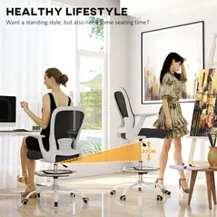 HOMCOM Draughtsman Chair, Mesh Drafting Chair, Ergonomic Office Chair with Flip-up Armrest, Adjustable Foot Ring, Black White - 5