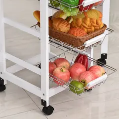 HOMCOM Drop-Leaf Kitchen Cart Trolley w/ 3 Baskets Drawer Surface Top 6 Universal Wheels Rolling Storage Unit Kitchen Home Dining Island White Oak Tone - 7