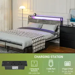 HOMCOM Double Steel Bed Frame, with LED Lights and Shelf - Grey - 5