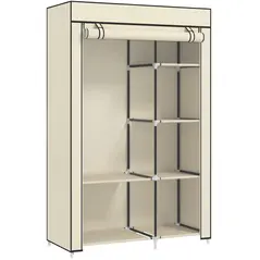 HOMCOM Fabric Wardrobe, Portable Wardrobe with 6 Shelves, 1 Hanging Rail, Foldable Closets, 103 x 43 x 162.5 cm, Cream White - 1
