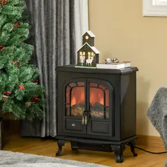 HOMCOM Electric Fireplace Stove Heater with LED Fire Flame Effect, Double Door, Freestanding & Portable with Overheat Protection, 1000W/2000W, Black - 2