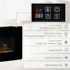HOMCOM Electric Wall-Mounted Fireplace Heater with Adjustable Flame Effect, Remote Control, Timer, 1800/2000W, Black - 5