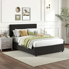 HOMCOM Double Ottoman Bed Frame, with Front Drawer - Black - 9