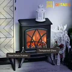 HOMCOM Electric Stove Heater with Realistic Flame Effect, 2000W Portable Indoor Freestanding Electric Fireplace with Adjustable Thermostat, Black - 7